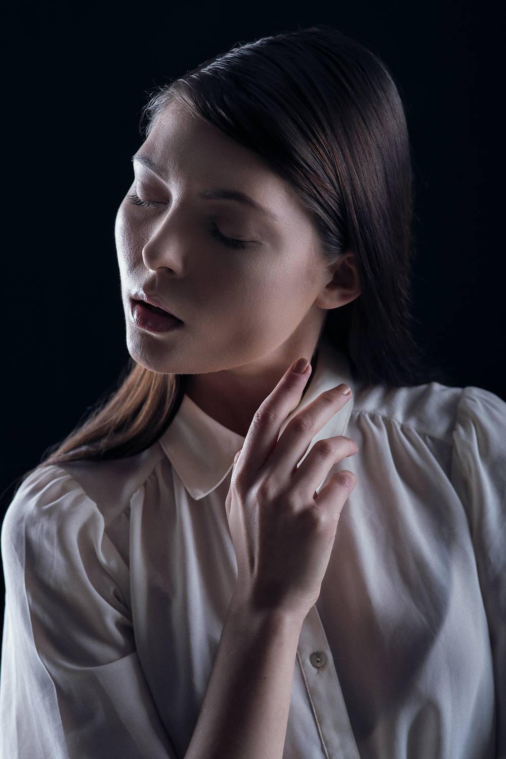 portrait, woman, female, model, fineart, photography, lowkey, dark, shadow, light, moody, cinematic, studio, black, backdrop, Rozman Erik