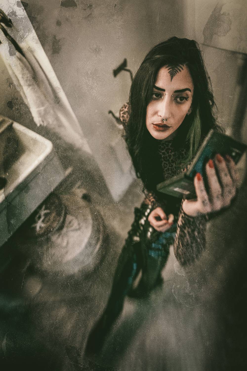 portrait, woman, gothic, dark, alternative, mirror, abandoned, decay, grunge, moody, atmospheric, tattoo, piercing, brunette, pale, Rozman Erik