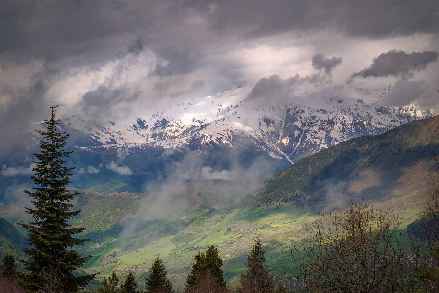 svaneti, tetnuldi, village, mountains, clouds, spring, forest, peaks, snow, high, landscape, scenery, travel, outdoors, georgia, sakartvelo, caucasus, chizh, Чиж Андрей