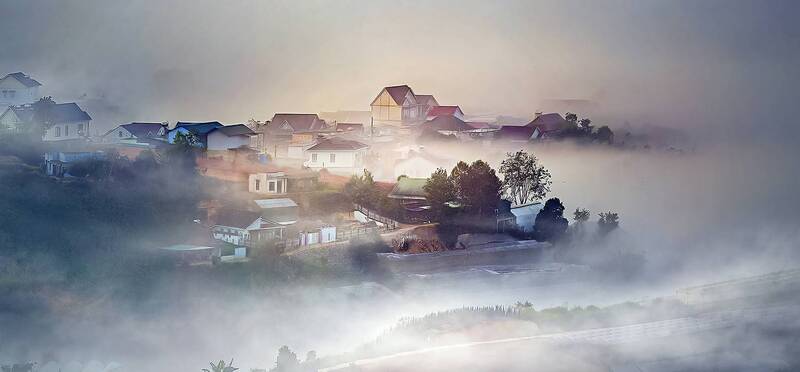 painting, nature, landscape, fog, color, hill  фото превью