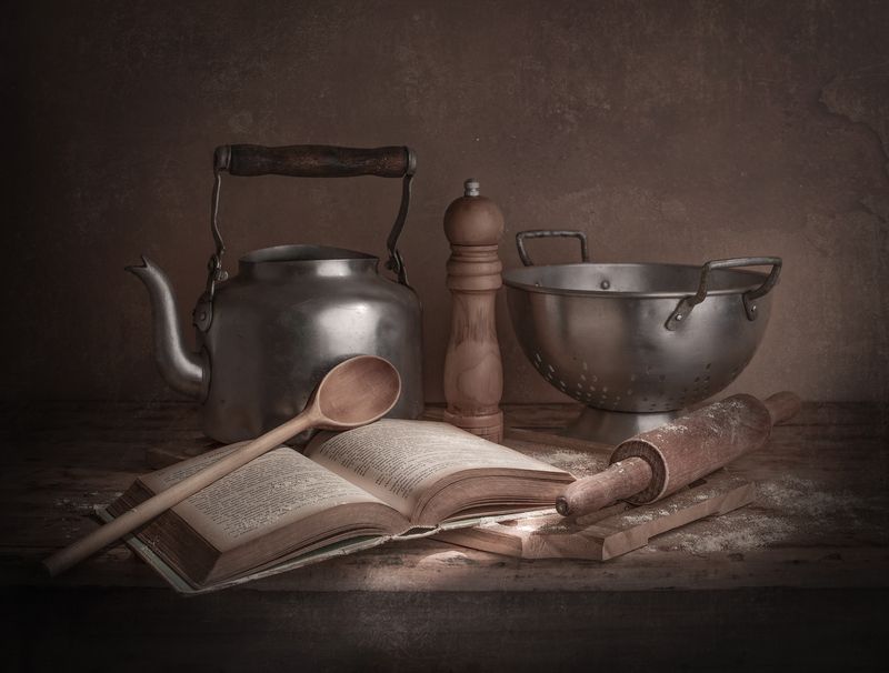 Still life, cookbook, Wooden spoon, flour, light Grandma\\\'s recipes фото превью