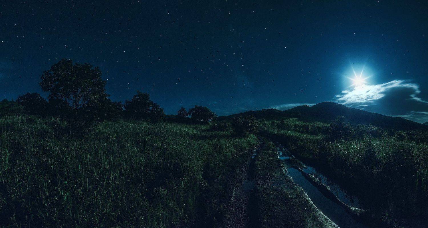 Деревья, Дорога, Звёзды, Лето, Луна, Панорама, Андрей Кровлин