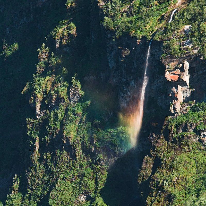 норвегия, водопад, радуга, лес, горы, скалы, norway, waterfall, rainbow, forest, mountains, rocks Радуга фото превью