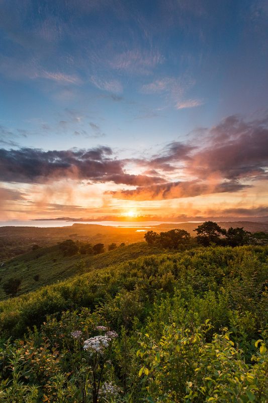 закат, небо, солнце, облака, море, цвет, свет, сопки, лес, деревья, туман, высота Глаз неба фото превью