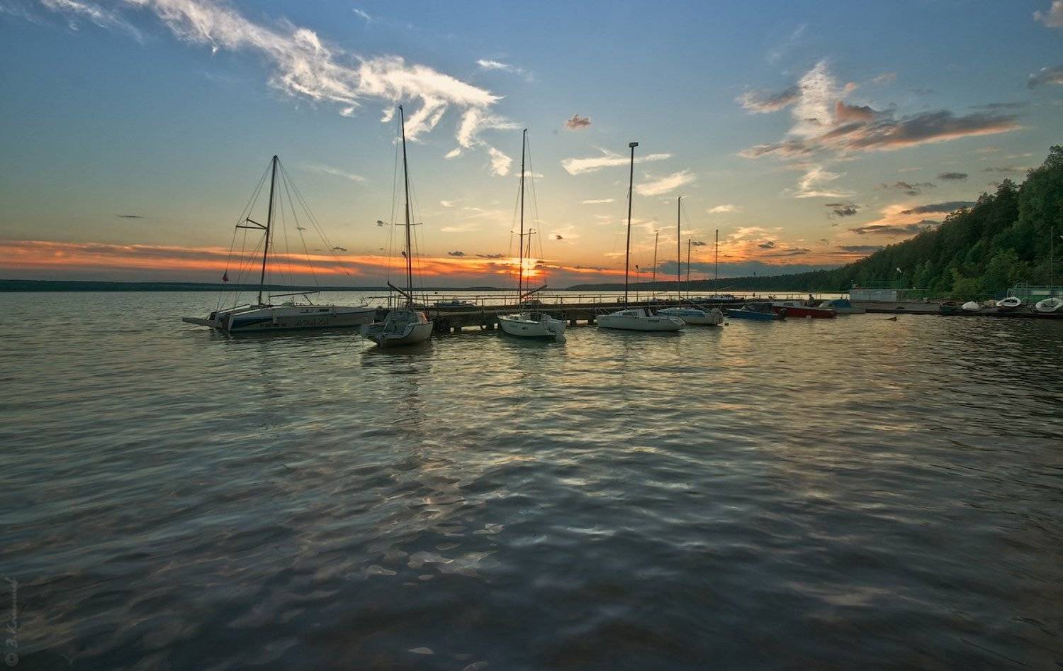 Вечер, Закат, Ижевский пруд, Лето, Пейзаж, Природа, Причал, Яхты, Владимир Комышев