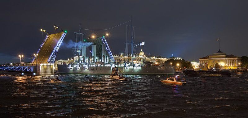 белые ночи, дворцовый мост, зимний дворец, крейсер аврора, санкт-петербург, эрмитаж Санкт-Петербург: возвращение крейсера фото превью