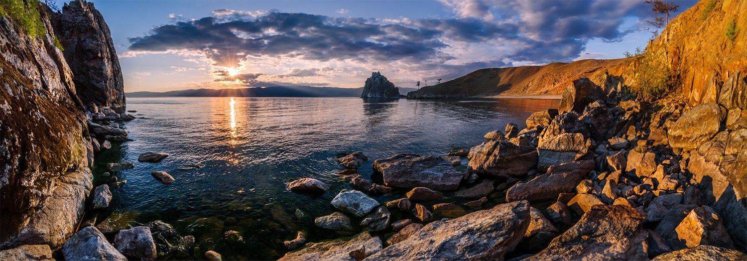 Байкал, Берег, Вечер, Закат, Лето, Небо, Облака, Озеро, Ольхон, Остров, Панорама, Пейзаж, Природа, Сибирь, Скалы, Шаманка, Альберт Беляев