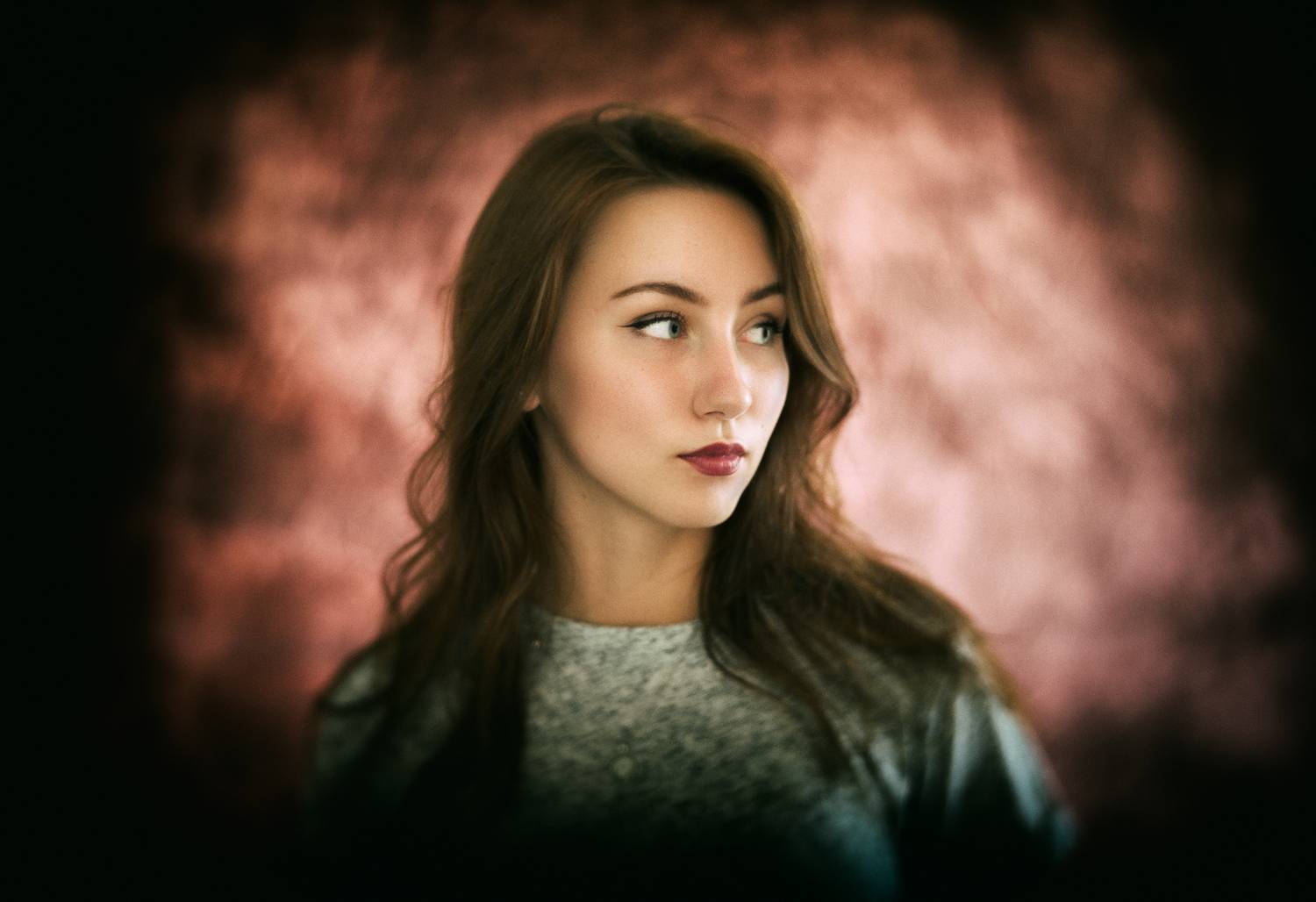 portrait, female, woman, girl, beauty, face, eyes, gaze, hair, brunette, leather, jacket, sweater, bokeh, soft, Rozman Erik