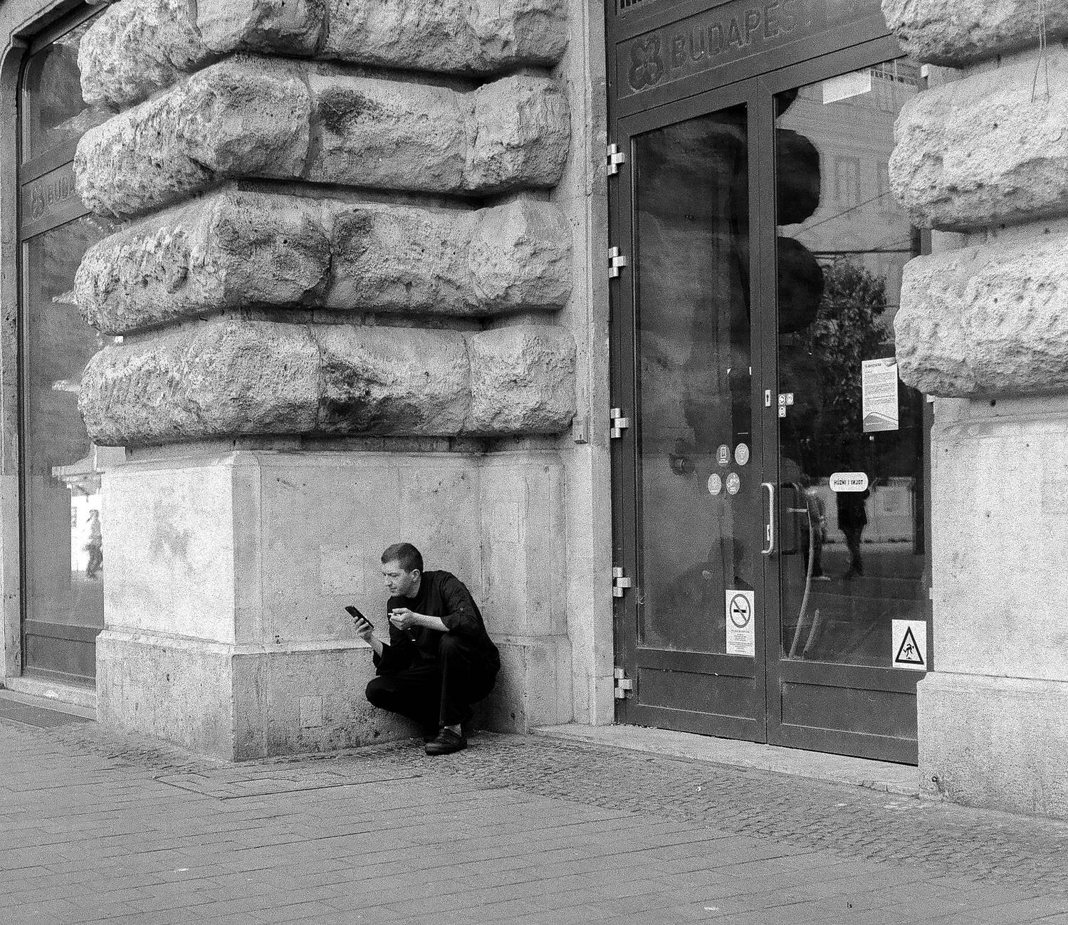 street, photography, monochrome, black, white, urban, city, candid, architecture, stone, facade, doorway, solitude, figure, man, Rozman Erik