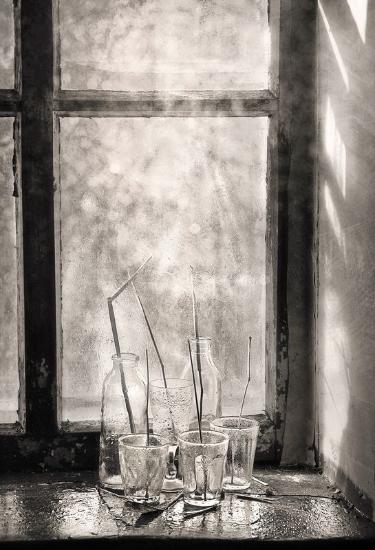 натюрморт, монохром, окно, свет, весна, капли, настроение, still life, spring, sunny mood, monochrome, window, water drops, сепия Жаждущее солнце фото превью