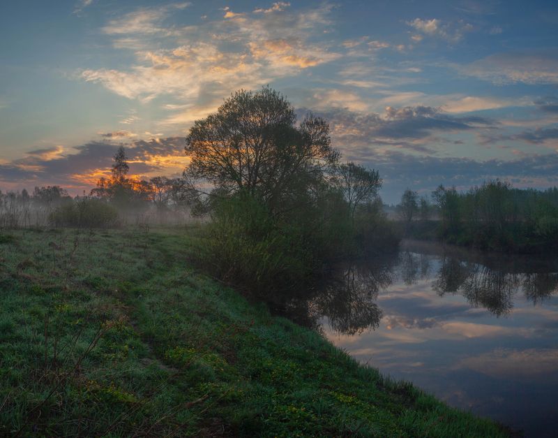 рассвет, река, туман  фото превью