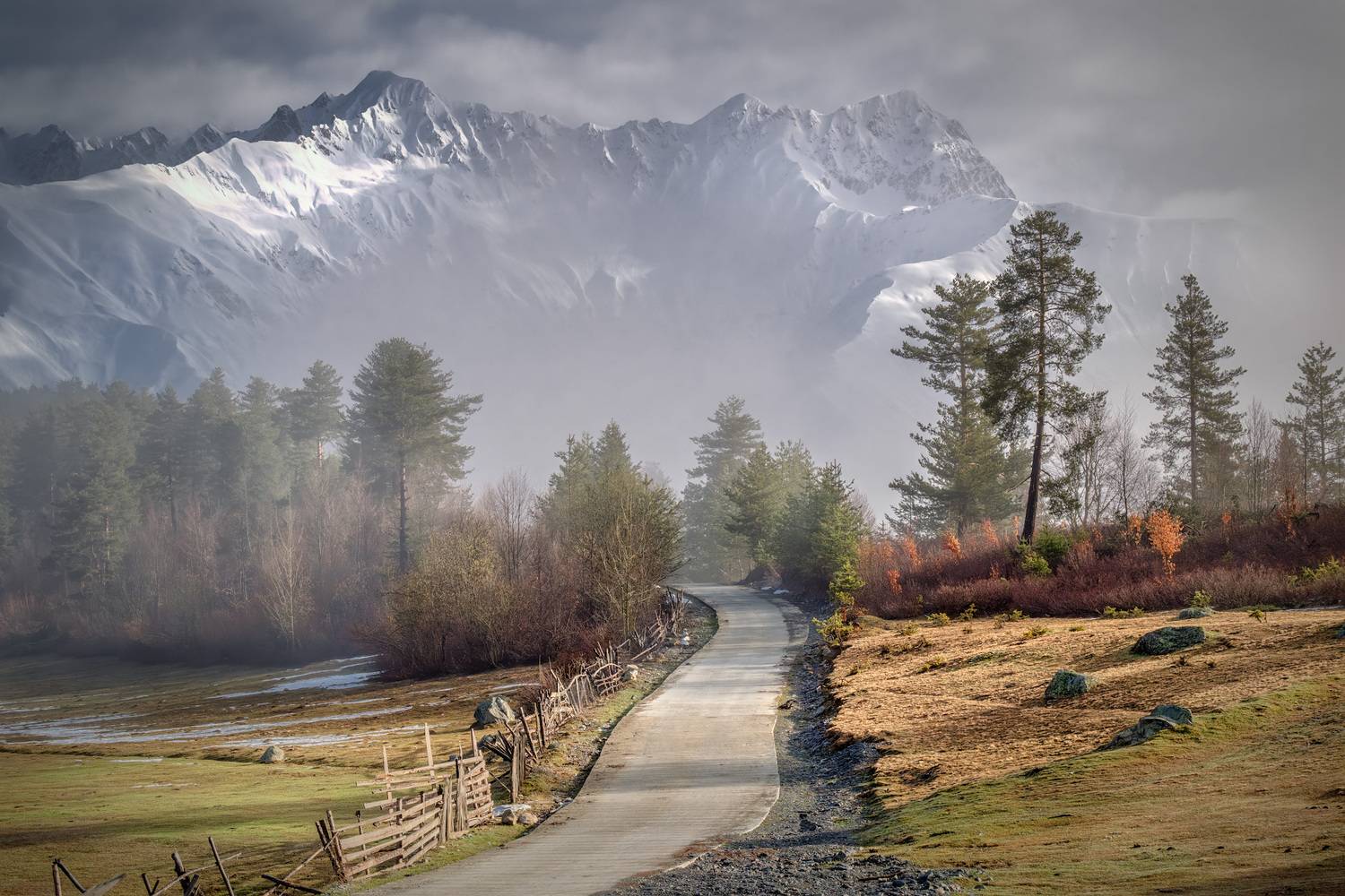 svaneti, tsvirmi, spring, road, trees, mist, fog, peaks, mountains, clouds, sky, nature, landscape, scenery, travel, outdoors, georgia, sakartvelo, chizh, Чиж Андрей