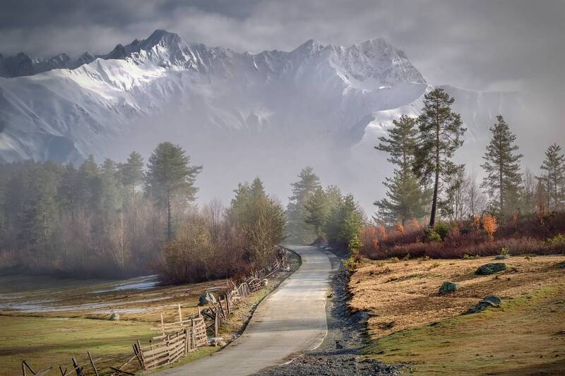 svaneti, tsvirmi, spring, road, trees, mist, fog, peaks, mountains, clouds, sky, nature, landscape, scenery, travel, outdoors, georgia, sakartvelo, chizh Tsvirmi Misty Road фото превью