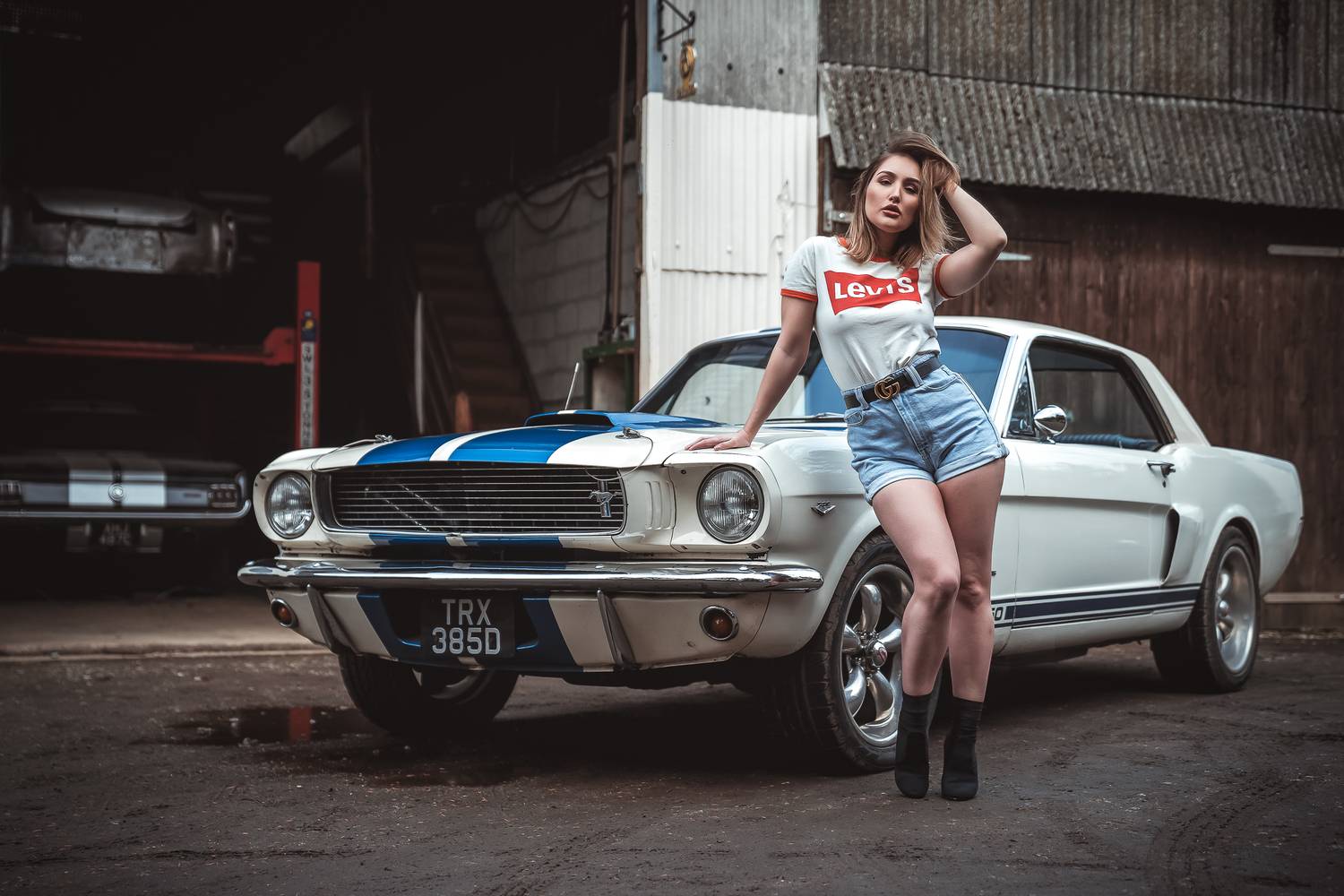portrait, fashion, model, woman, mustang, shelby, ford, car, automotive, classic, vintage, muscle, american, denim, shorts, Rozman Erik
