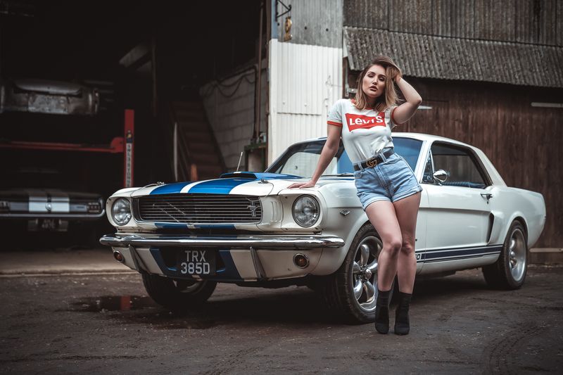 portrait, fashion, model, woman, mustang, shelby, ford, car, automotive, classic, vintage, muscle, american, denim, shorts Horsepower and Heartbeats (Rachelle 1) фото превью