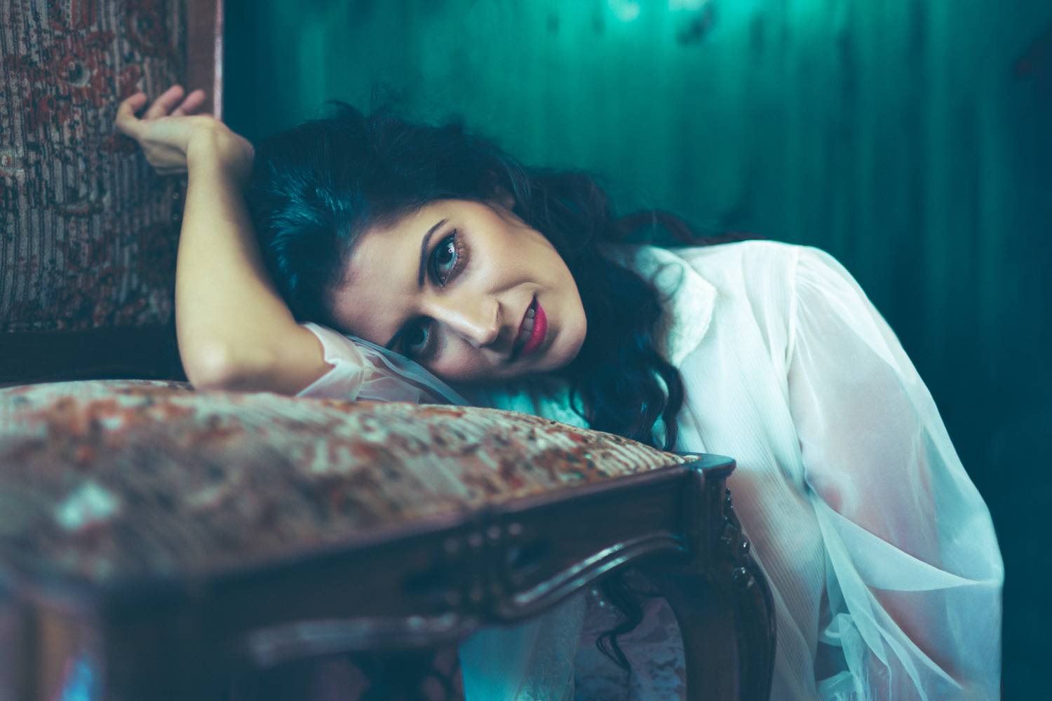 portrait, woman, female, brunette, beauty, gaze, eyes, lips, white, blouse, sheer, teal, cyan, blue, rust, Rozman Erik
