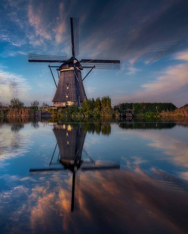 landscape, blue, windmill, water, holland, sunset, cloud, reflection, light, kinderdijk, sky, mill, landscapes, netherlands, europe, dusk, twilight Holland reflection фото превью