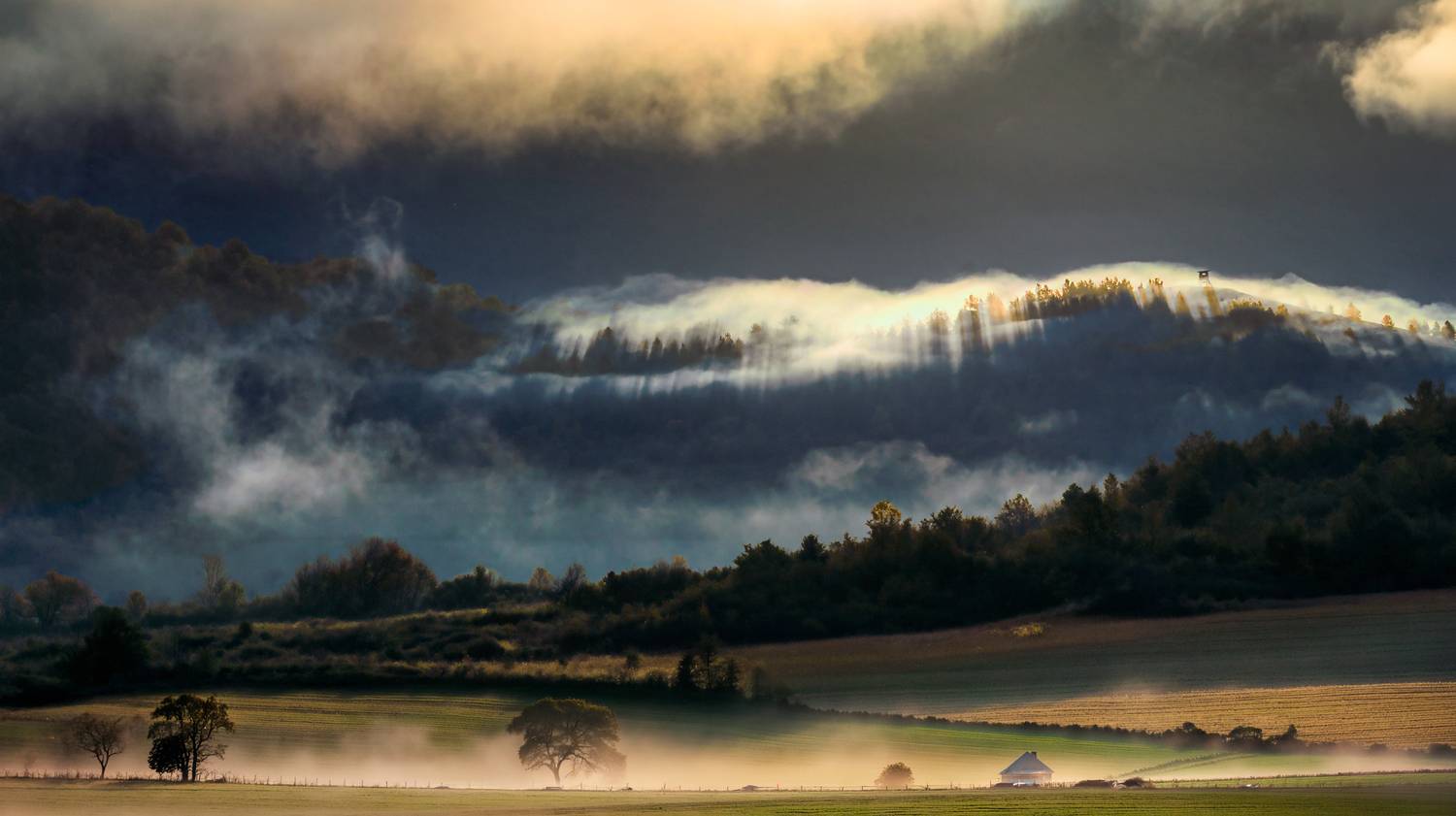 landscape, sunrise, farm, fields, house, forest, sunrays, clouds, nikon, croatia, green, yellow, fog, foggy, panorama, Jubic Srecko