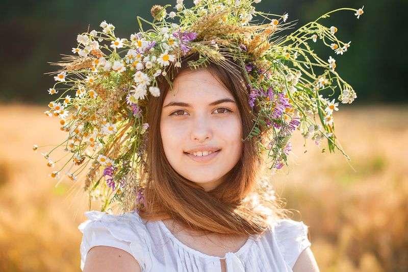 Венок, Девушка, Небо, Поле, Пшеница *** фото превью