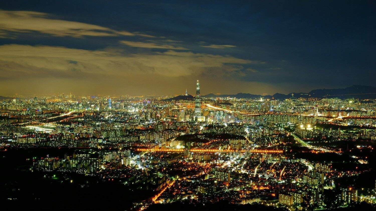 asia, korea, seoul, night, view, landscape, light, city, urban, sky, cloud, building, apartment, mountain, seoul N tower, hightrise building,, Shin