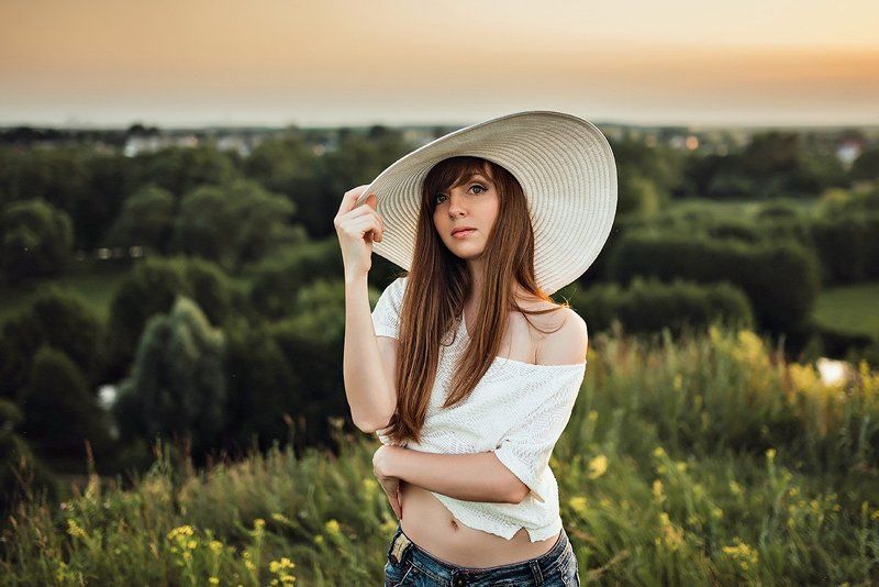 35мм, Вечер, Горы, Девушка, Закат, Портрет, Портрет девушки, Шляпа Катя фото превью