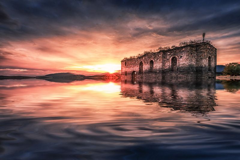 sunset, church, sky, clouds, dam, reflection, water, landscape The submerged church фото превью