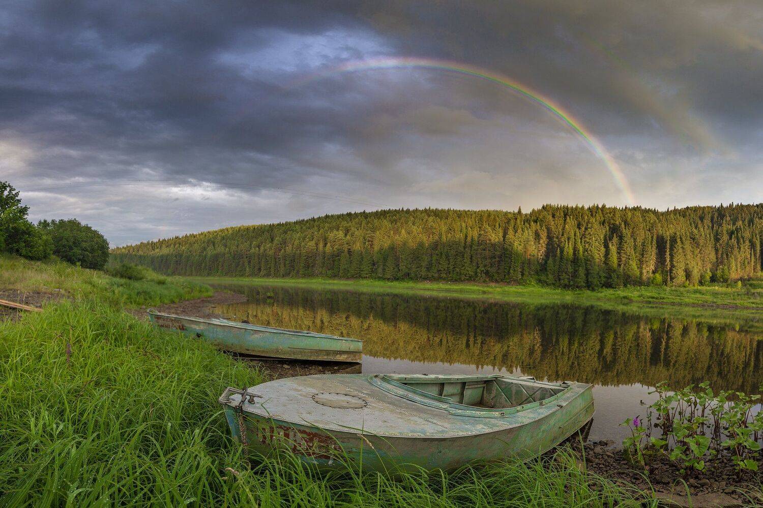 радуга, лодки, река, вечер, отражение, Савицкий Ян