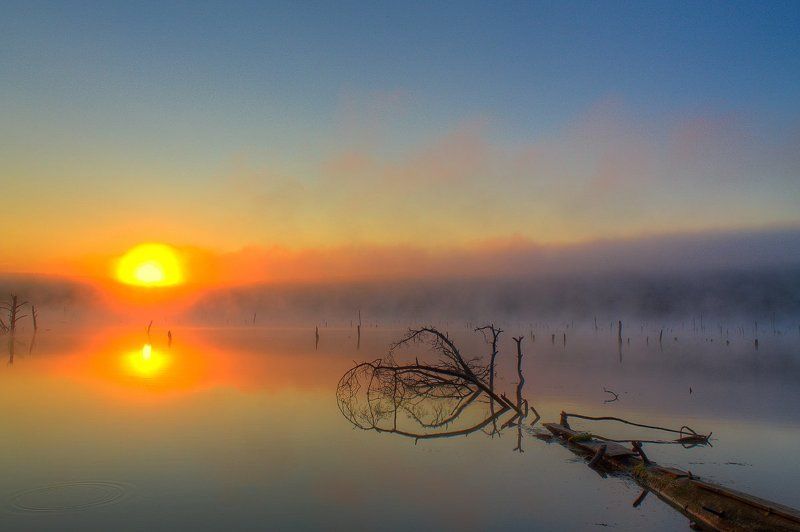 вода, лето, небо, рассвет, река, солнце, туман, утро Туман на реке фото превью
