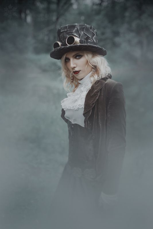 стимпанк, девушка с собакой, лес, собака  Прогулка фото превью