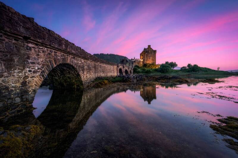 landscape, bridge, sunset, longexposure, water, sea, castle, scotland, blue, pink, seascape, waterscape, reflection, clouds, nikon Eilean Donan Castle фото превью