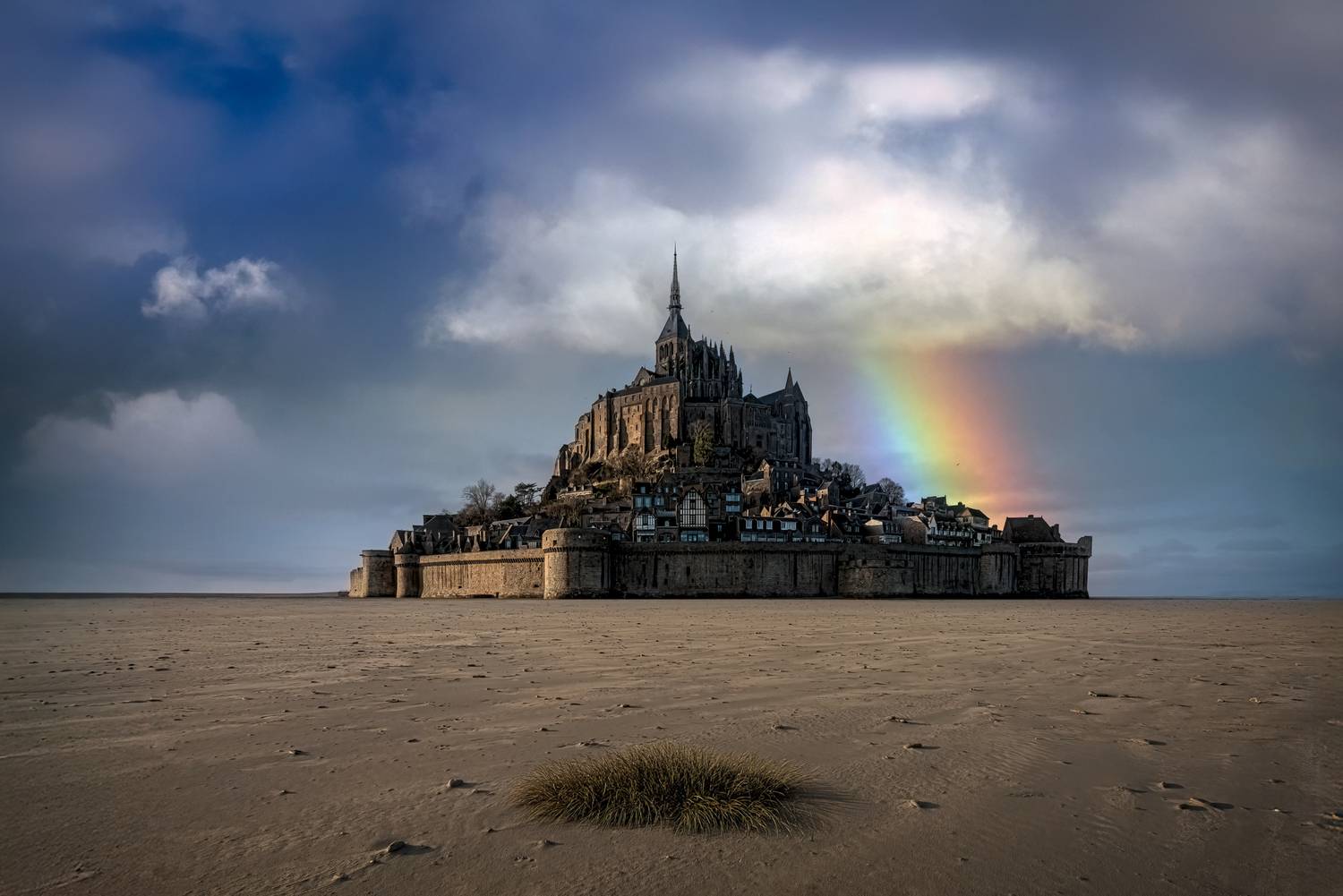 landscape, france, clouds, island, ocean, sand, atlantic, landscapes, europe, cloud, cloudy, sky, rainbow, mont, st., michel, waterscape, sea, light, city, cathedral, houses, Jubic Srecko