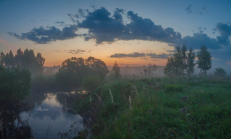 рассвет, река, туман, весна  фото превью