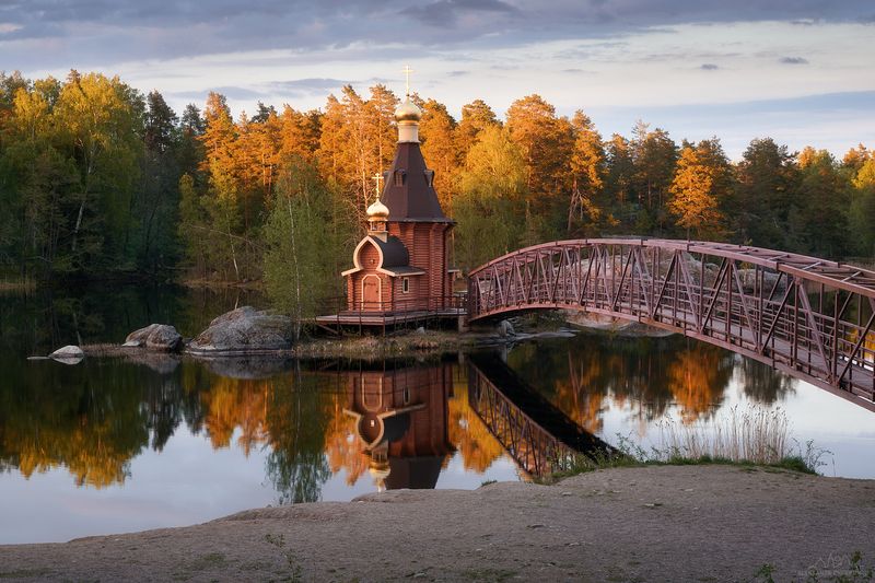Вуокса, церковь, отражение, закат Церковь Андрея Первозванного на Вуоксе фото превью