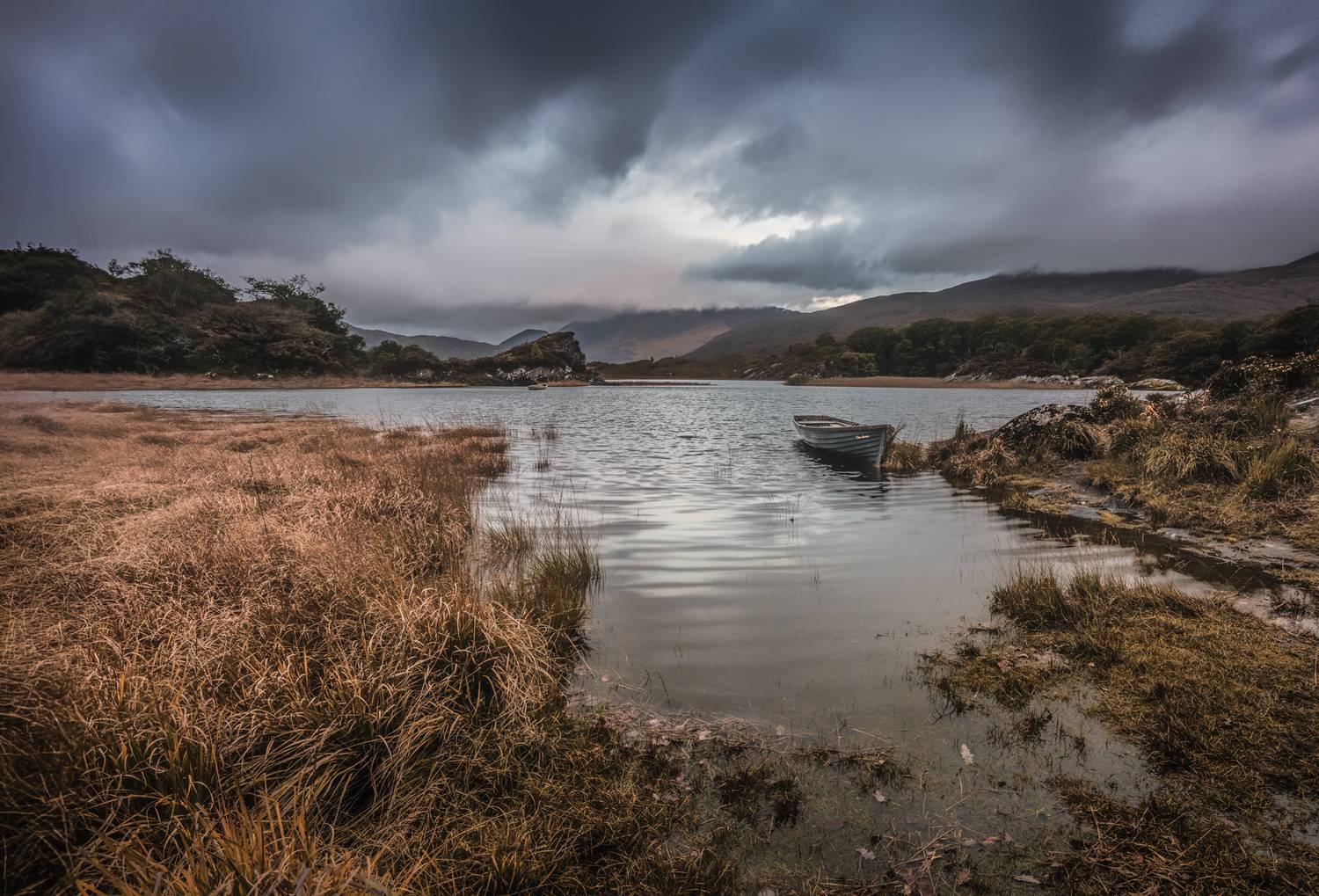 landscape, lake, water, clouds, boat, nikon, ireland, mountains, grass, yellow, Jubic Srecko
