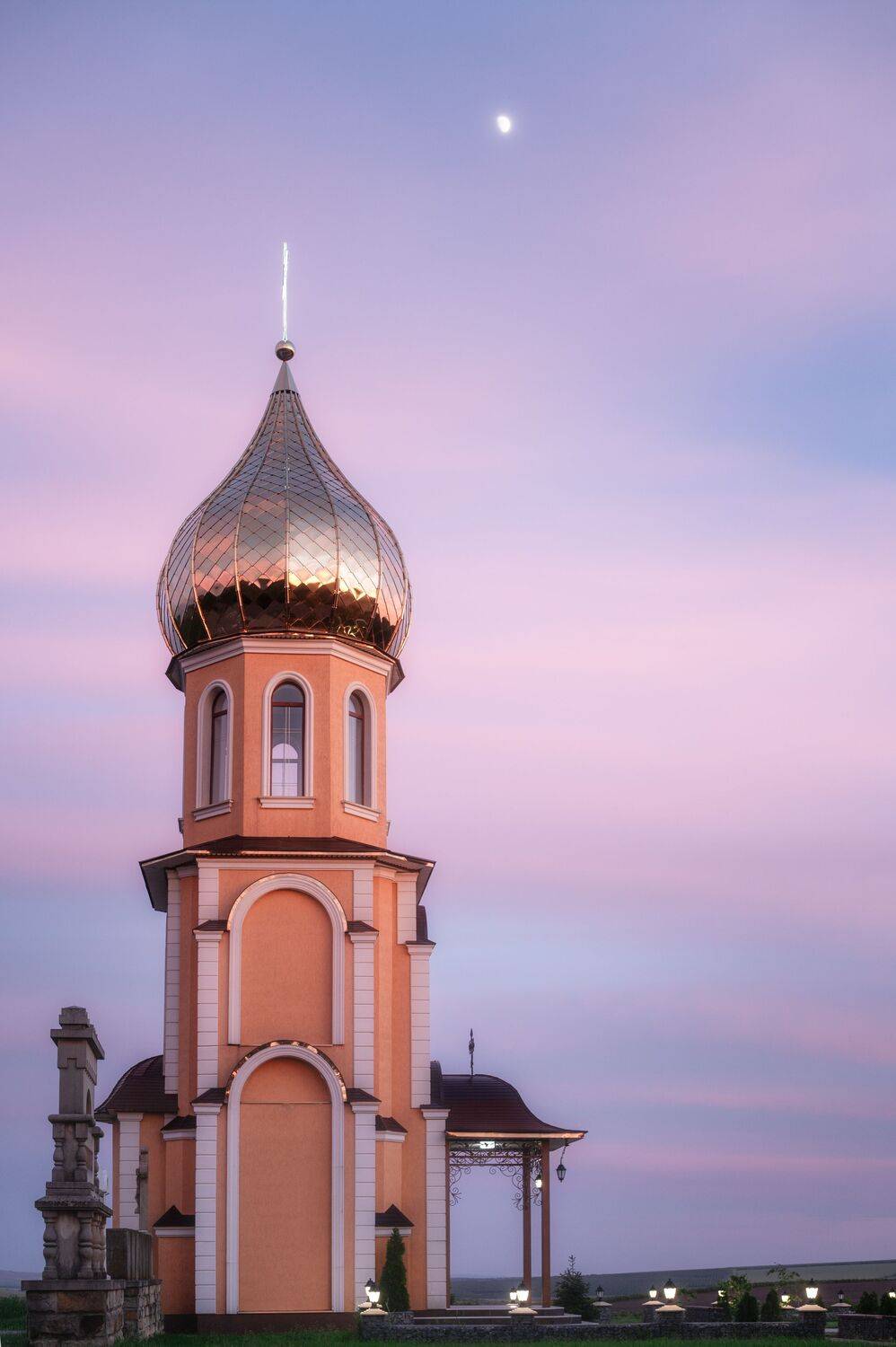 fine art photography, architectural photography, minimalism, atmospheric photography, cinematic photography, pastel sky, church, orthodox church, chapel, bell tower, golden dome, moon, twilight, dusk, evening light, pastel colors, soft light, sacred archi, Олег Сухенко