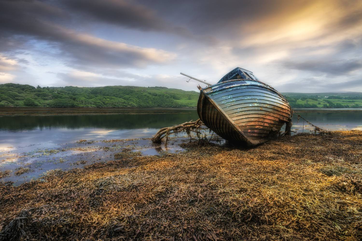 landscape, seascape, boat, blue, ireland, donegal, green, shore, seagrass, clouds, reflection, nikon, shipwreck, yellow, fishingboat, Jubic Srecko