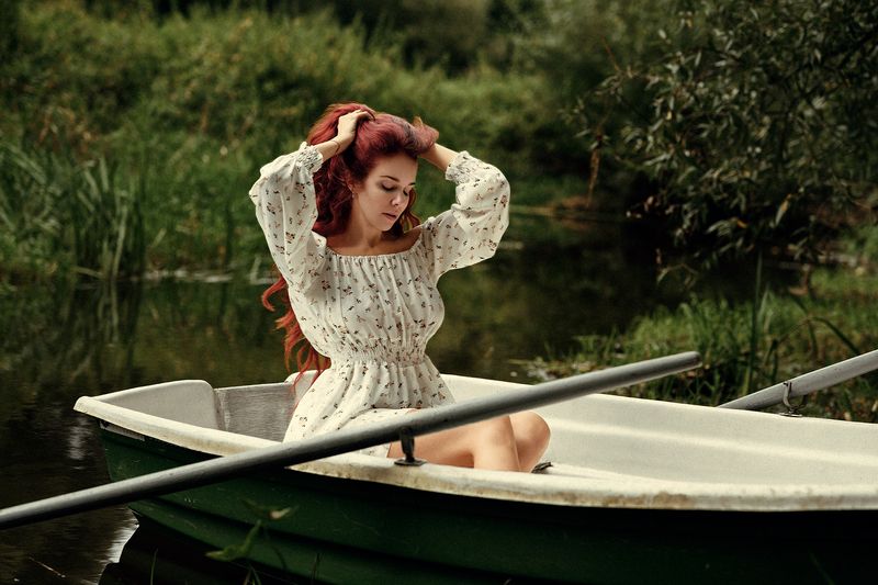рыжая, redhead, лодка, boat, река, river, платье, dress, желание, desire Лодочная станция/The boat station фото превью