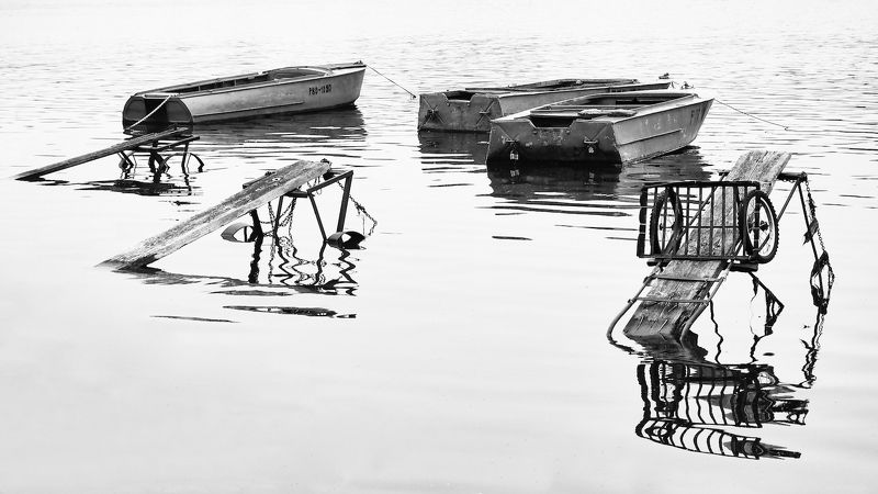 Графика, Лодки, Монохром, Причалы, Река волга  фото превью