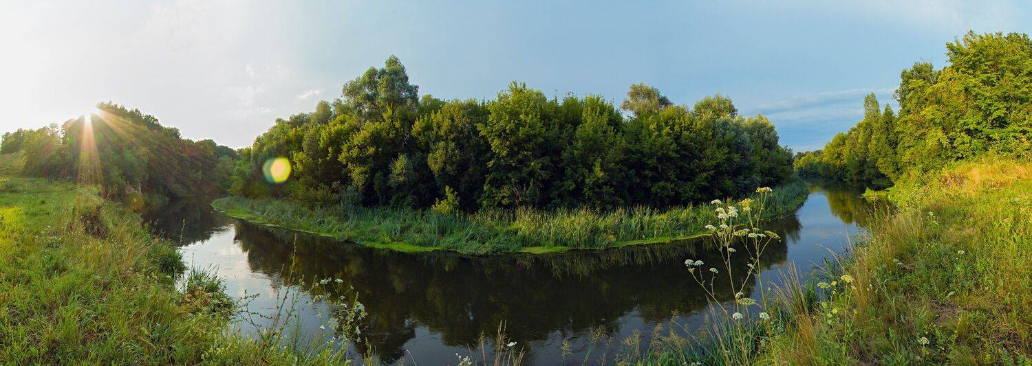 Вода, Деревья, Листва, Небо, Пейзаж, Река, Солнце, Трава, Юрий Котов