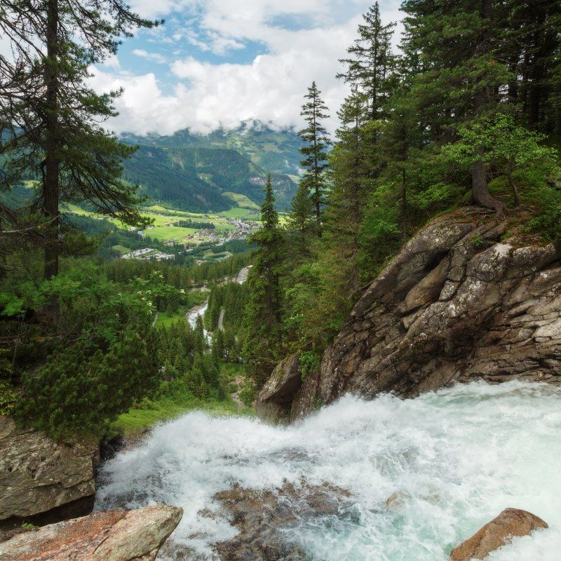Krimmler, Водопад, Горы, Деревня, Лес, Лето, Облака, Природа Ниспадающая свежесть фото превью