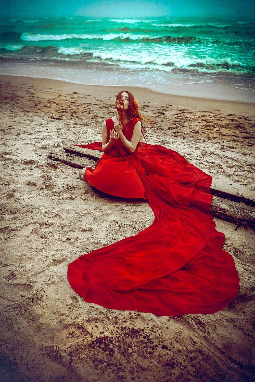 Beach, Dress, Portrait, Red, Sea, Toning, Woman, Руслан Болгов (Axe)