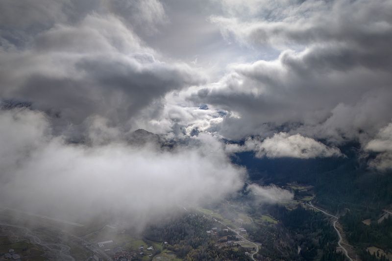 svaneti, mestia, town, sky, clouds, sun, mountain, aerial, nature, landscape, scenery, travel, outdoors, georgia, sakartvelo, chizh Clouds Over Mestia фото превью