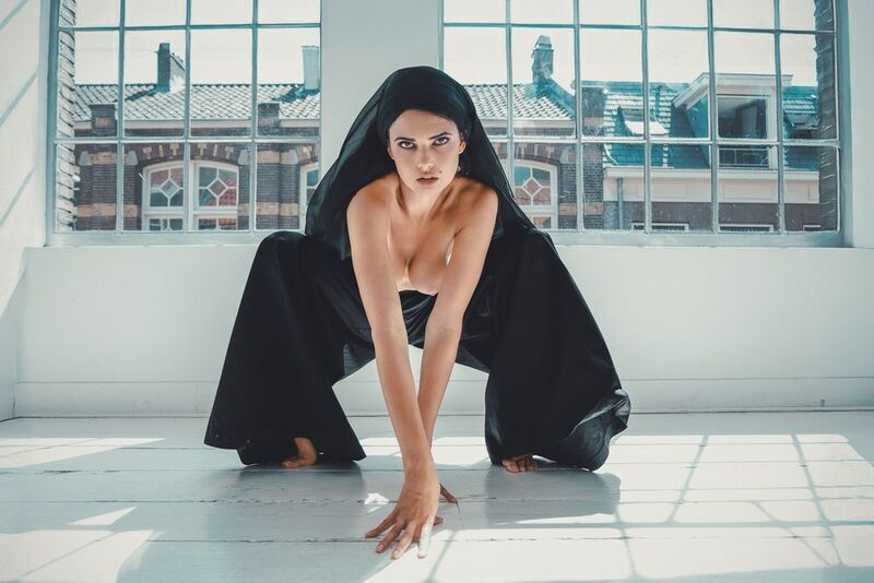 portrait, woman, fashion, crouching, floor, windows, industrial, light, natural, black, cloak, draped, fabric, pose, gaze Grounded in Light (ZM. 41) фото превью