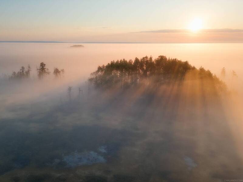 пейзаж, дрон, туман, рассвет, болото, север Затерянный мир фото превью