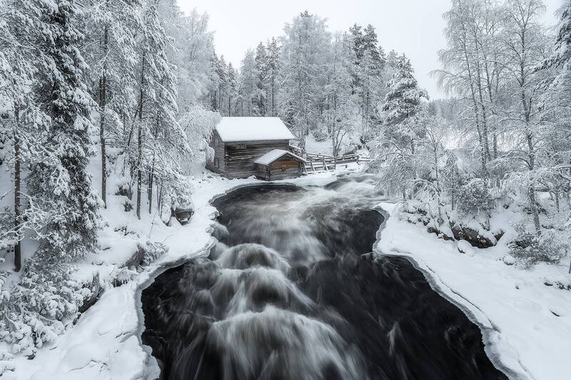 мельница, водяная мельница, природный парк, экотропа, природа, пейзаж, финляндия, зима, река, милликоски, оуланка, оуланкайоки, пейзажная фотография, фотография, туризм, фототур, национальный парк, myllykoski, oulanka, finland, laplandia Водяная мельница Милликоски у порогов реки Оуланкайоки. фото превью