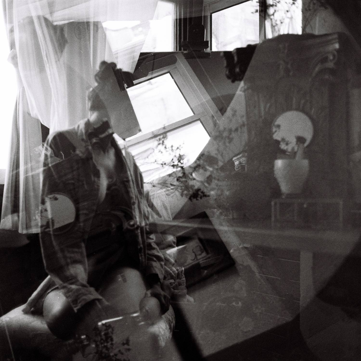 double, exposure, monochrome, black, white, reflection, glass, interior, window, ghost, figure, layered, analog, experimental, surreal, Rozman Erik