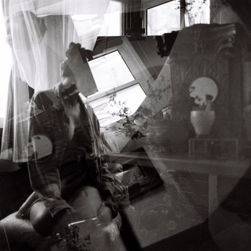 double, exposure, monochrome, black, white, reflection, glass, interior, window, ghost, figure, layered, analog, experimental, surreal Ghosts Between the Glass and Memory (Dana B. 23) фото превью