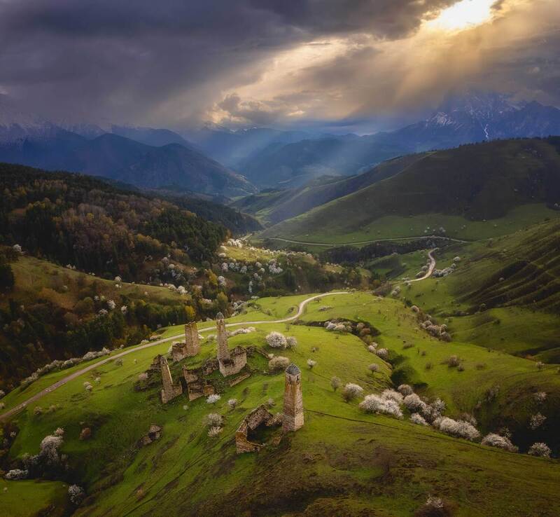 пейзаж, башни, ингушетия, закат, горы  фото превью