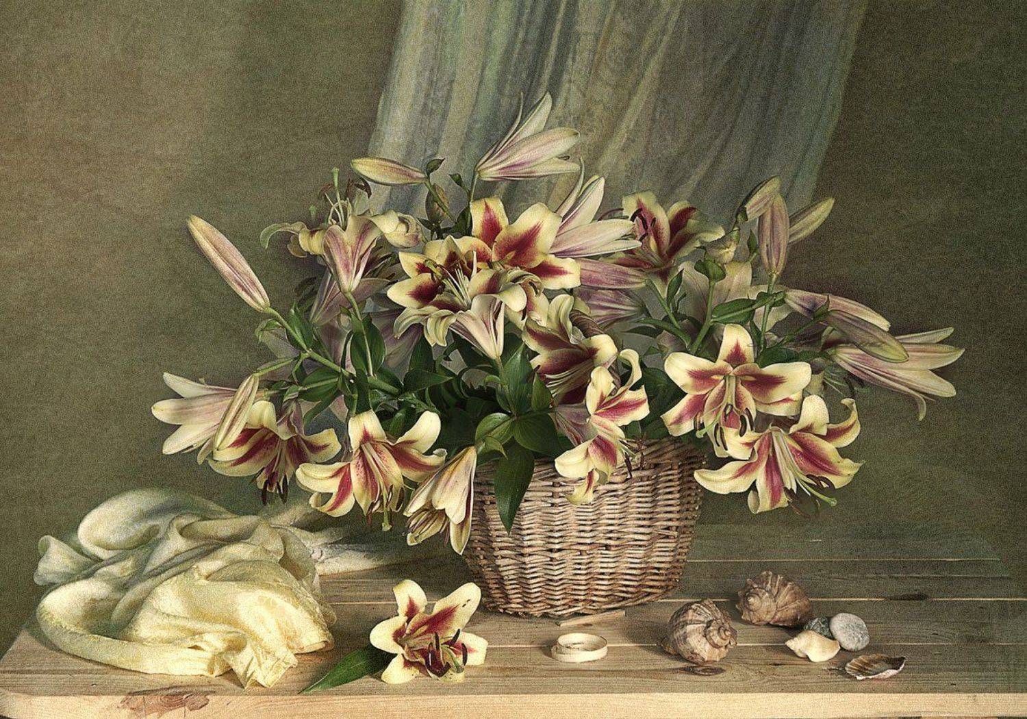 Варакушка, Красивый букет, Лето, Лилии, Лукошко, Натюрморт, Вера Павлухина