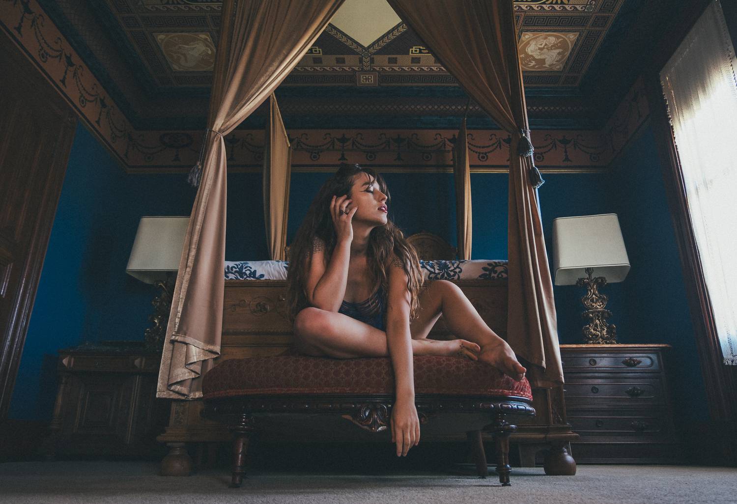 Boudoir Study in Available Light (KH. 53). Автор: Rozman Erik portrait, boudoir, woman, bedroom, baroque, blue, elegant, legs, heels, figure, beauty, cinematic, interior, ornate, luxury, Rozman Erik